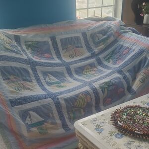 Hand Crafted Coastal Patchwork Vintage Quilt in Blue, Pink, Cream